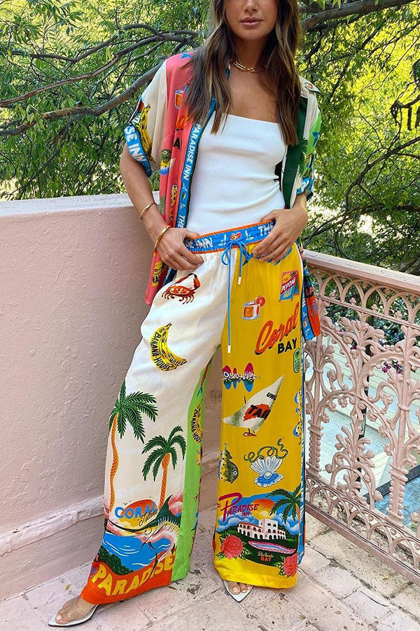 Kissed by the Sun Satin Unique Print Colorblock Elastic Waist Pocketed Wide Leg Pants
