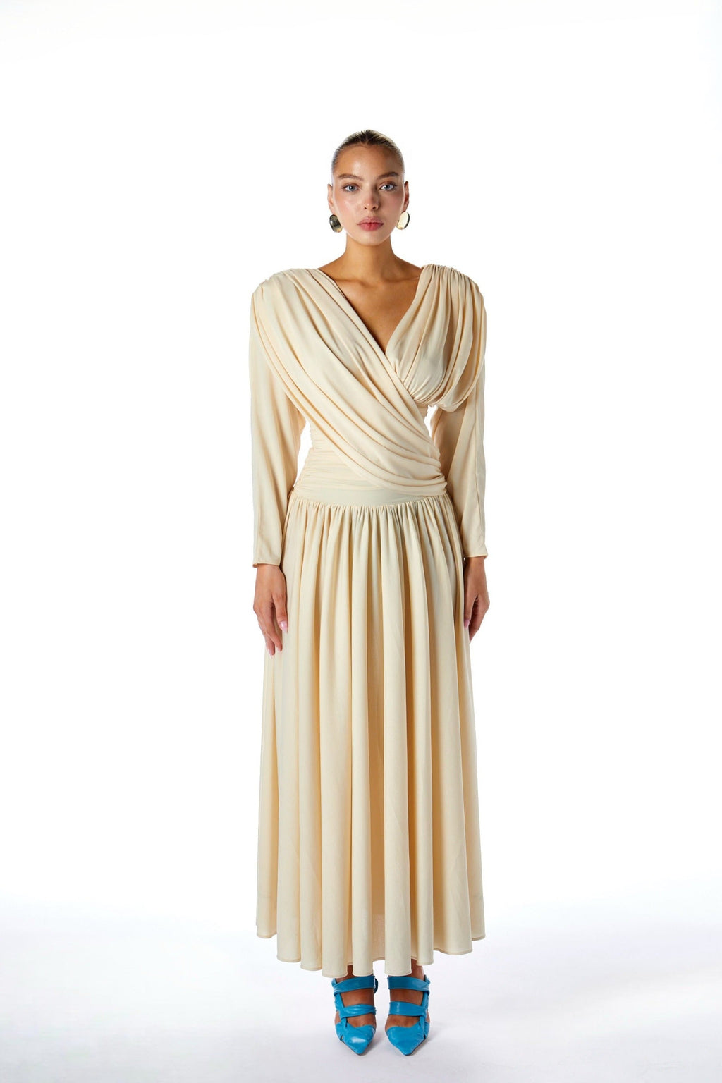 Venus Cross Draped Backless Maxi Dress