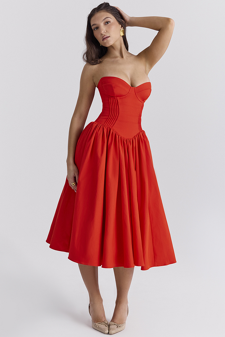 Strapless Corset Pleated Hem Prom Party Midi Dresses-red