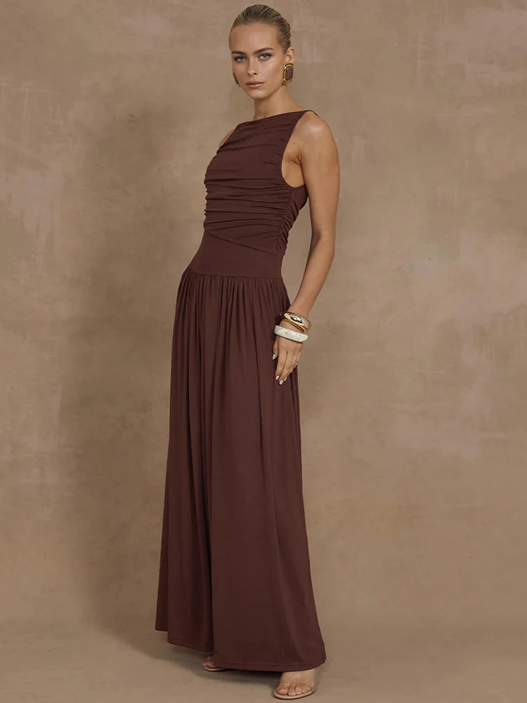 Sleeveless Maxi Dress for Boat Neck Tank Dresses Ruched Long Dress New Gown