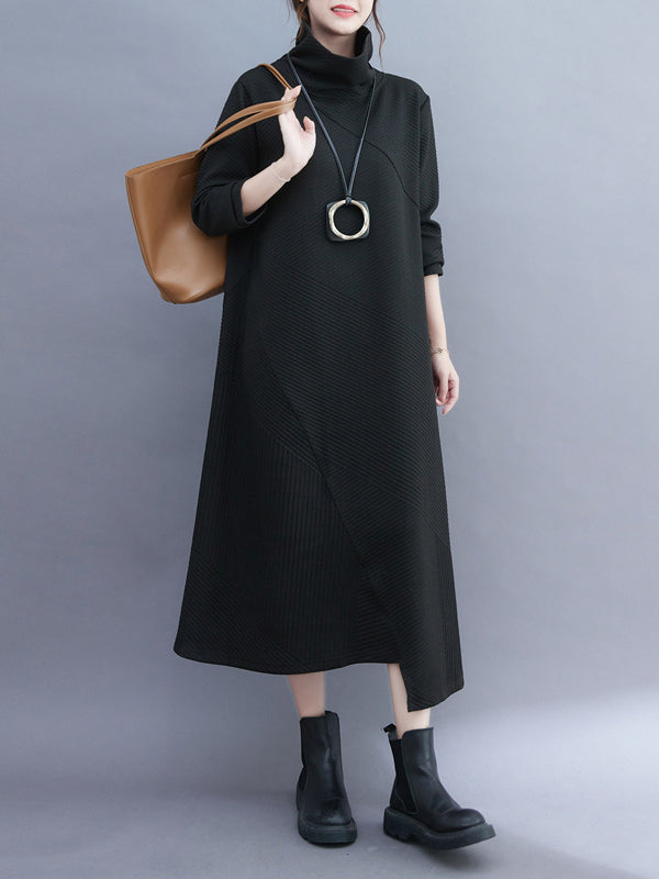 Irregularity Long Sleeves Color High-neck Midi Dresses