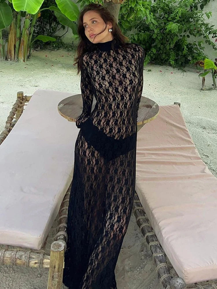 See-through Mesh Tight Maxi Dress Hollow Out Lace Mesh Patchwork Full Sleeve Banquent Long Dress