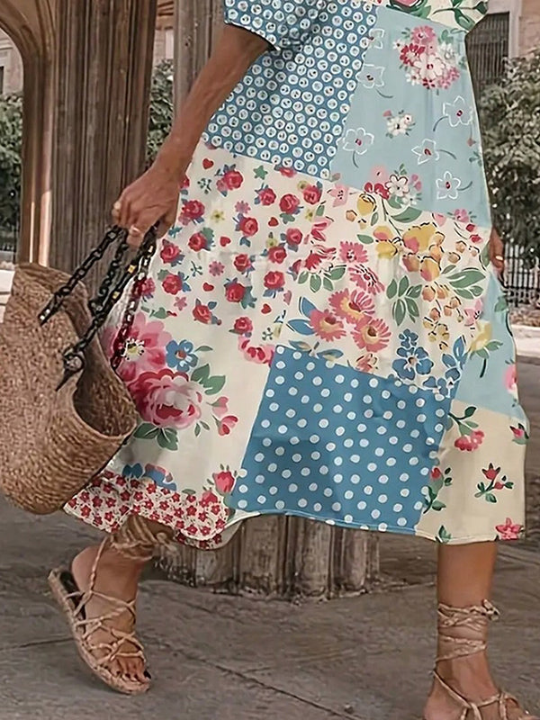 Half Sleeves Loose Flower Print Polka-dot Round-neck Midi Dresses