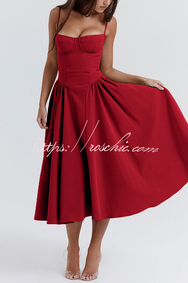 Color Slim Fit Suspender Pocket Midi Dress