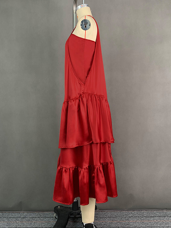 A-line Loose Double Layered Pleated Color Split-joint Zipper Cold Shoulder Midi Dresses