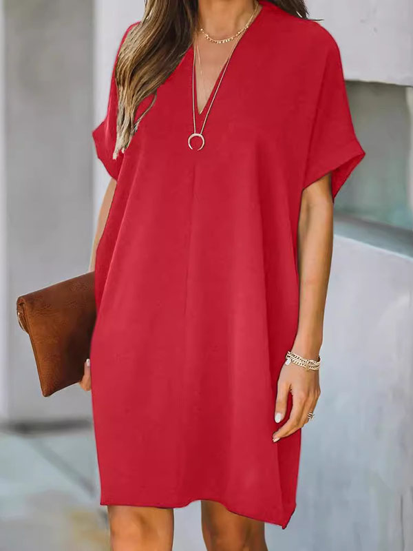 High Waisted Loose Color V-neck Mini Dresses