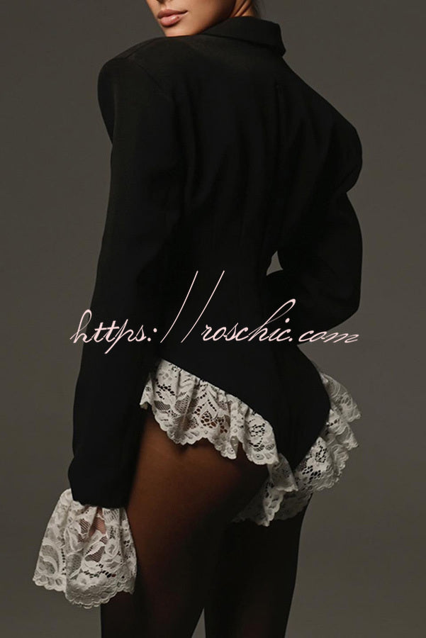 Full of Design Lace Trim Long Sleeve Lapel Blazer Romper