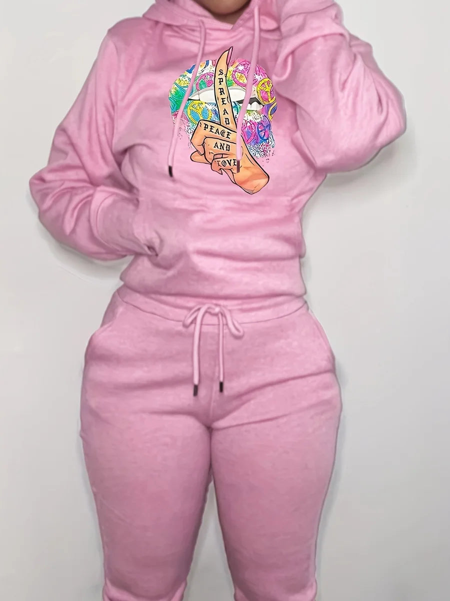 Autumn Winter 2pcs Set Letter Print Pocket Tracksuit Set Sportwear Fleece Hoodies Pullover Sweatshirts Pants Outfits