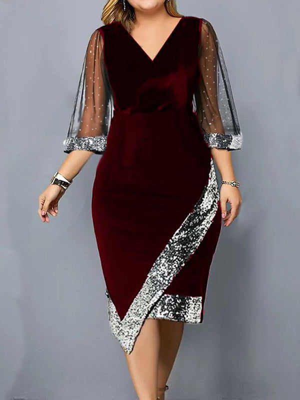 Bodycon Wrap Contrast Color Mesh Sequined Split-joint V-neck Midi Dresses