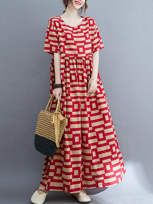 Loose Short Sleeves Plaid Round-neck Midi Dresses