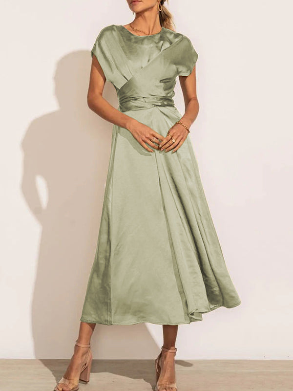 Loose Short Sleeves Color Split-joint Tied Waist Round-neck Midi Dresses