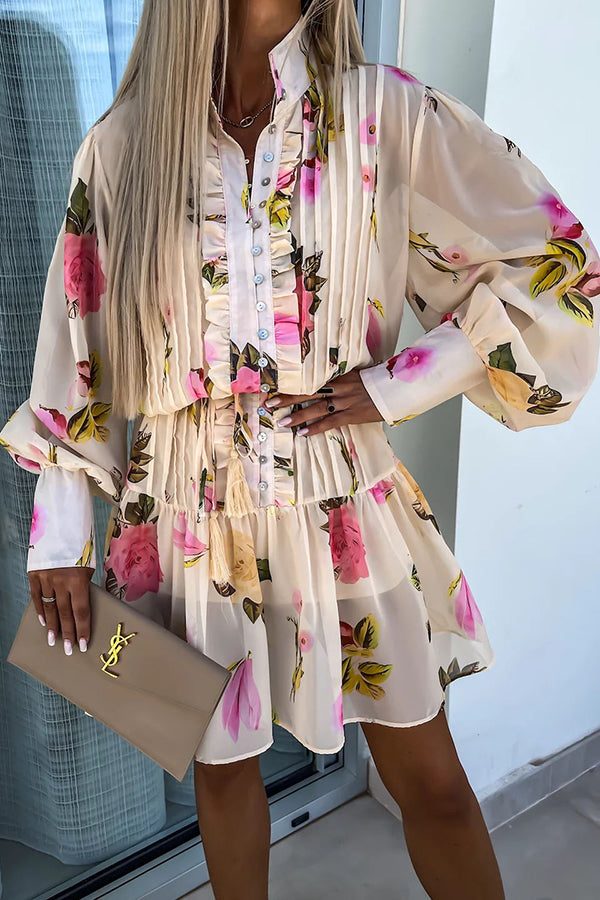 Sunset and Dreams Print Subtle Tuck Lantern Sleeve Belt Mini Dress