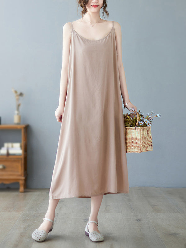 Loose Sleeveless Color Spaghetti-neck Midi Dresses