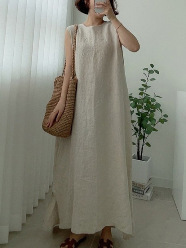 Simple Color Split-side Round-neck Sleeveless Midi Dress