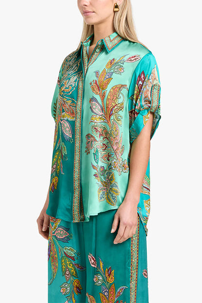Roll Up Short Sleeves Shirt and Wide Leg Pants Printed Satin Set