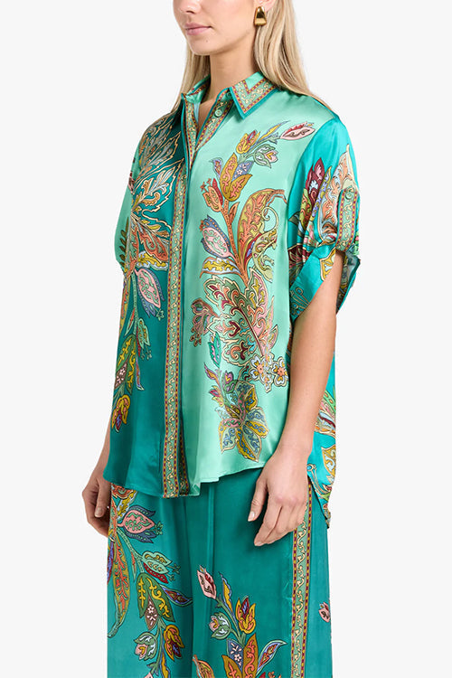 Roll Up Short Sleeves Shirt and Wide Leg Pants Printed Satin Set