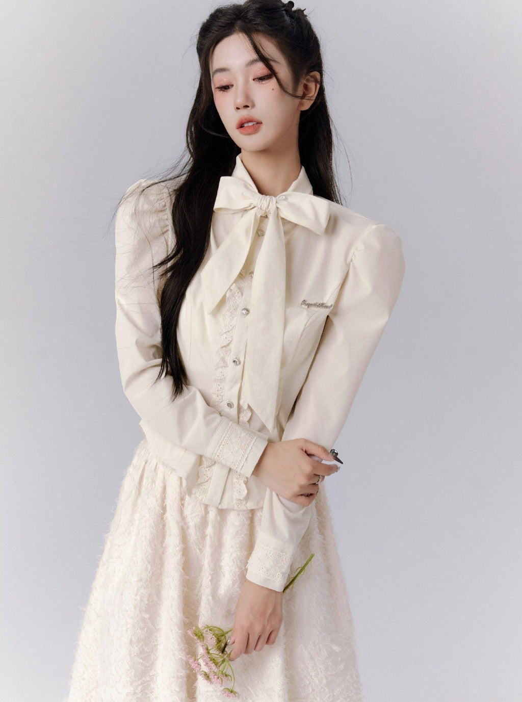 -inspired Cream Puff Sleeve Blouse and Midi Skirt Set