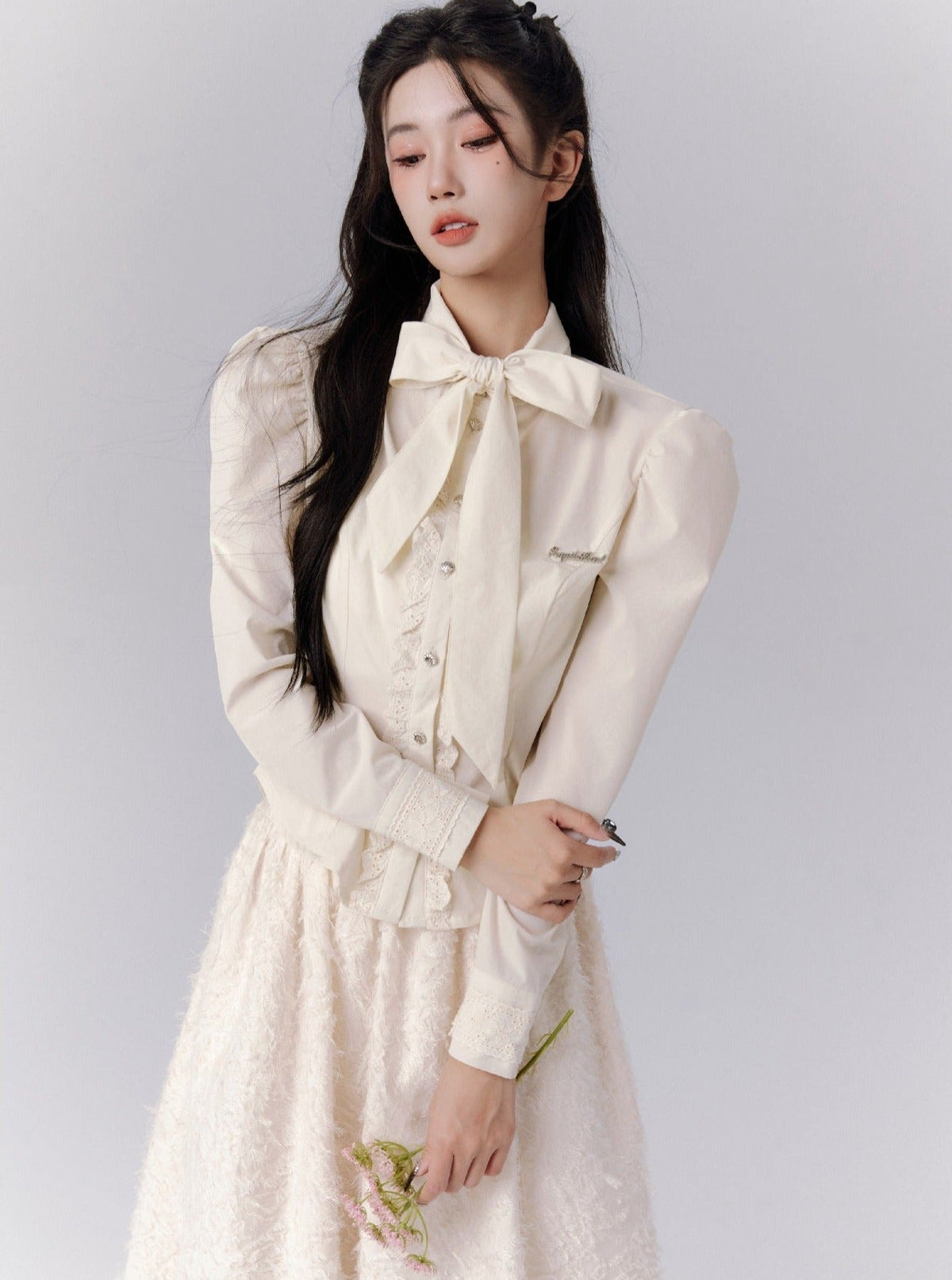 -inspired Cream Puff Sleeve Blouse and Midi Skirt Set