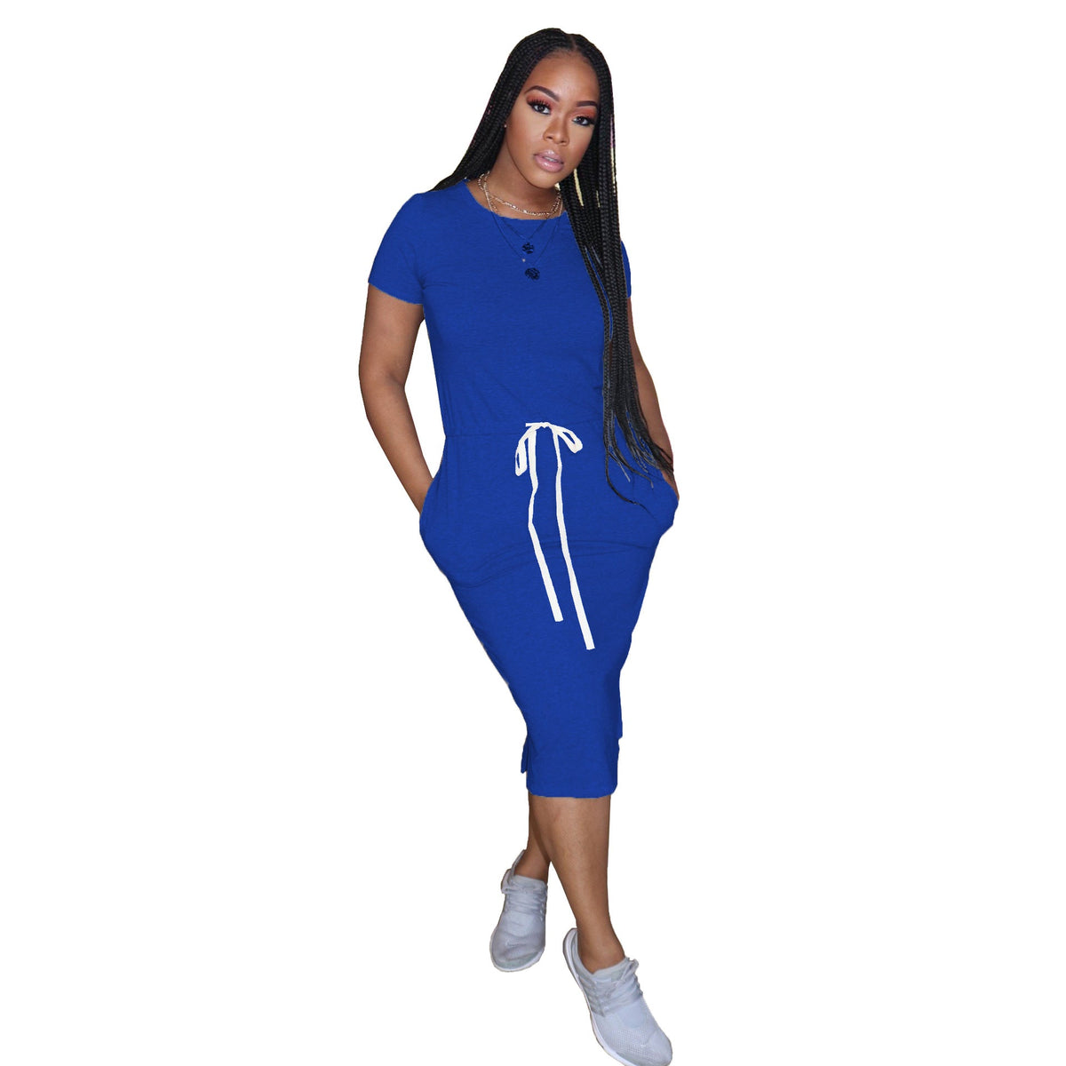 Dress Basic Elastic Waist Short Sleeve Color T Shirt Midi Dress