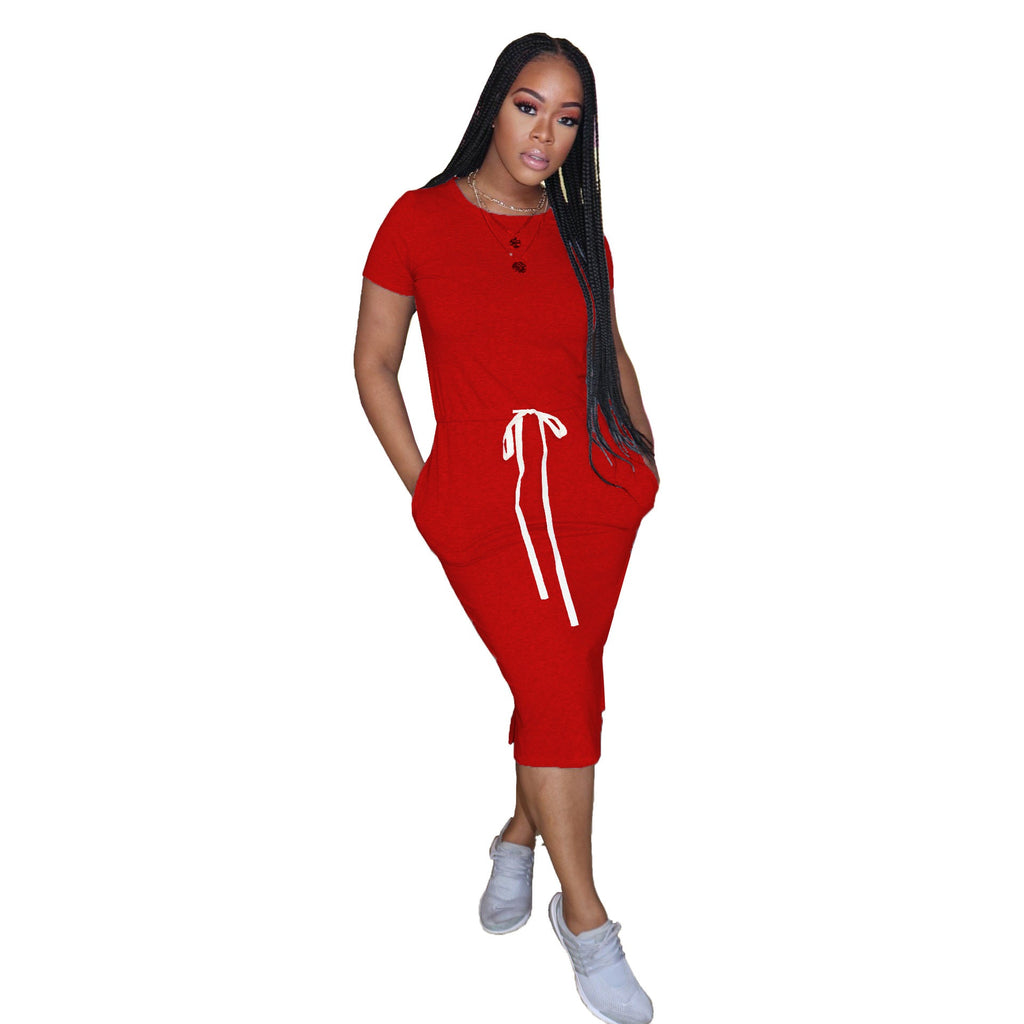 Dress Basic Elastic Waist Short Sleeve Color T Shirt Midi Dress