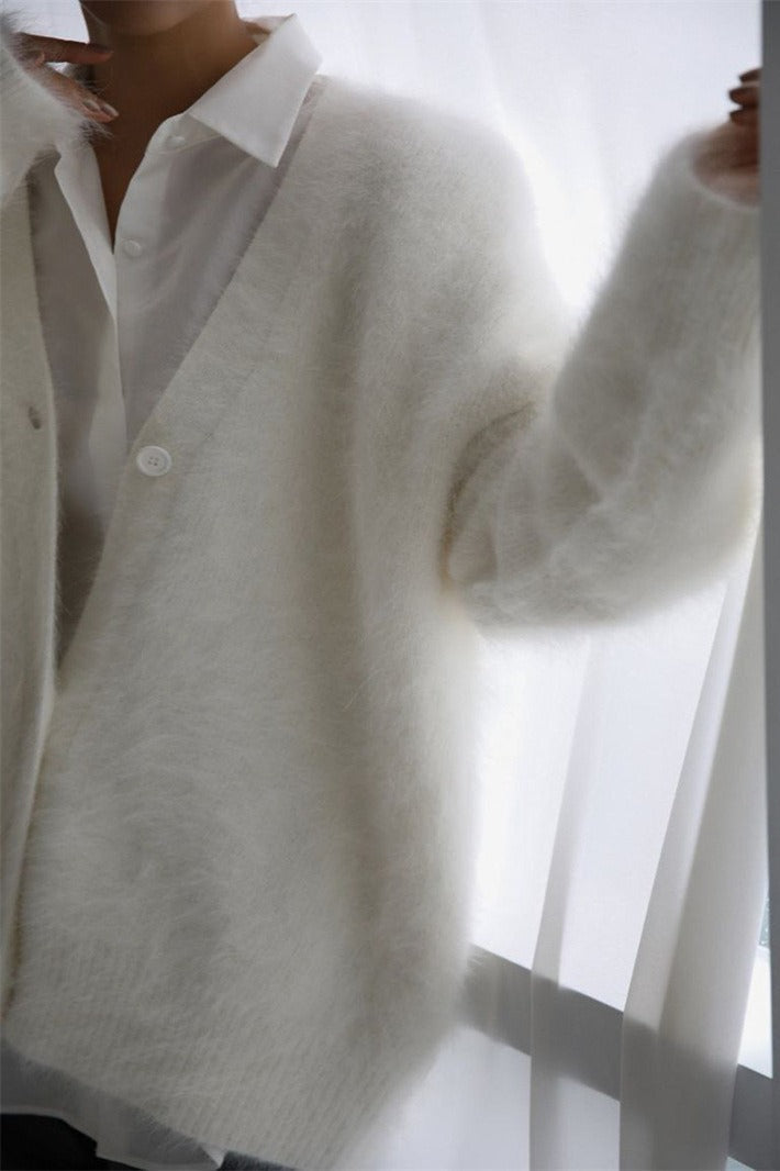 V-neck Fluffy Knit Cardigan Sweater