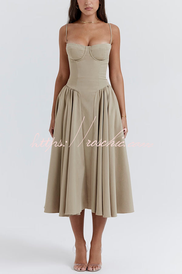 Color Slim Fit Suspender Pocket Midi Dress