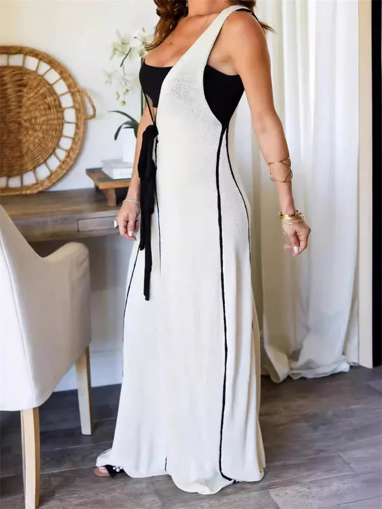 Lace-up Patchwork Loose Dress ’s Sleeveless Hollow Out Contrast Bandage V-neck Maxi Dress Female Party Dress