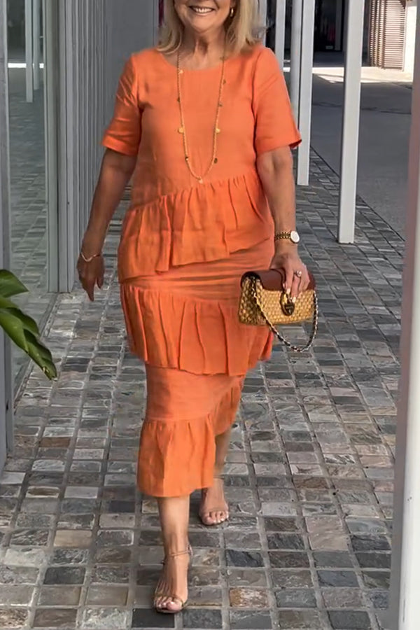 Linen Blend Color Round Neck Loose Midi Dress