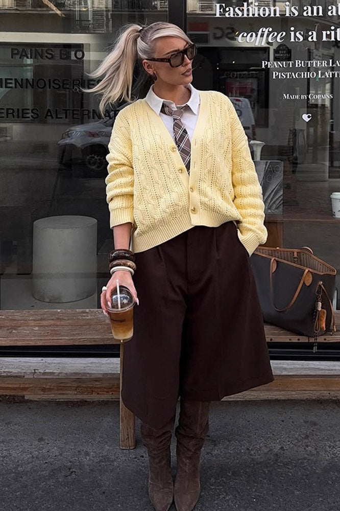 V-neck Color Single-row Button Long-sleeve Knit Cardigan