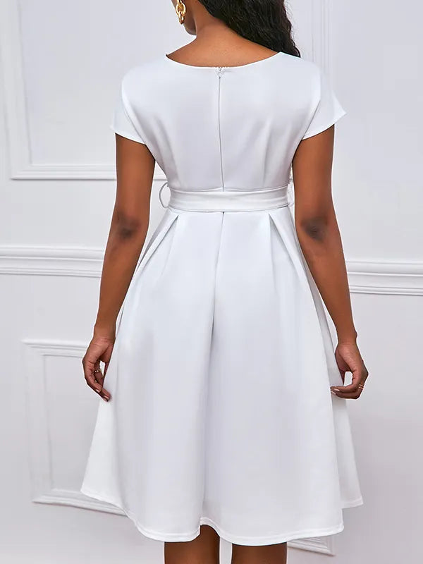 Bowknot Lace-up Color V-neck Midi Dresses