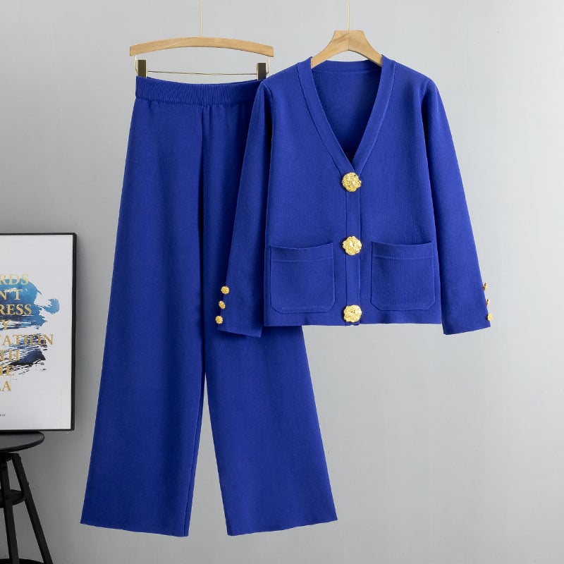 Azaria – Metal Button Wool Sweater Pants Suit