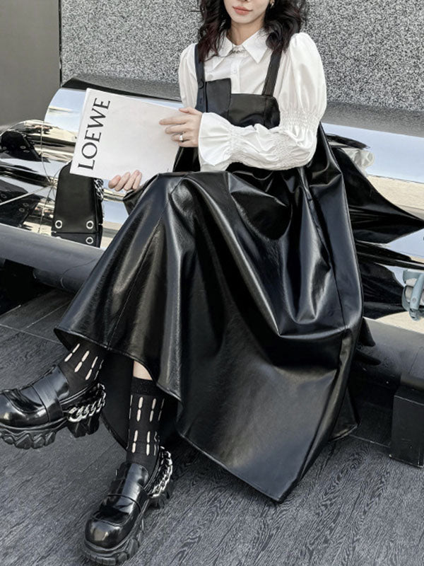 A-line Loose Asymmetric Pleated Color Split-joint Square-neck Midi Dresses Slip Dress