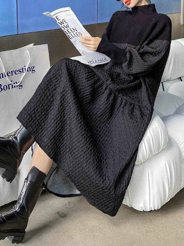 A-line Long Sleeves Asymmetric Color Split-joint High-neck Midi Dresses Sweater Dresses