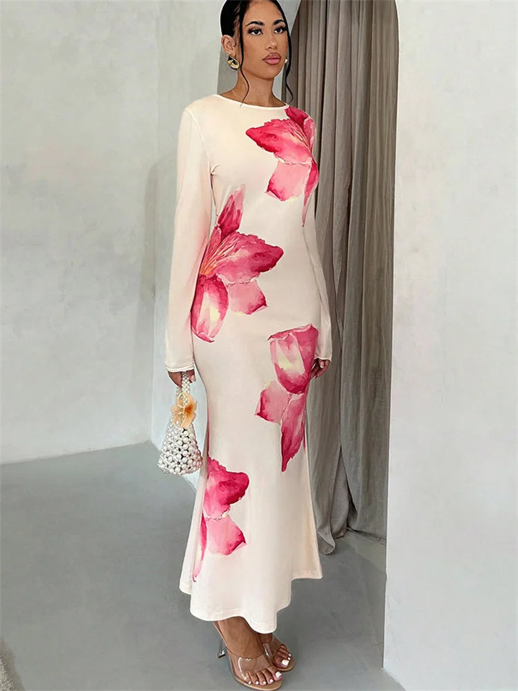 Autumn Printed Slim Maxi Dress ’s Contrast Long Sleeve High Waist See-through Dress Female Long Dress New