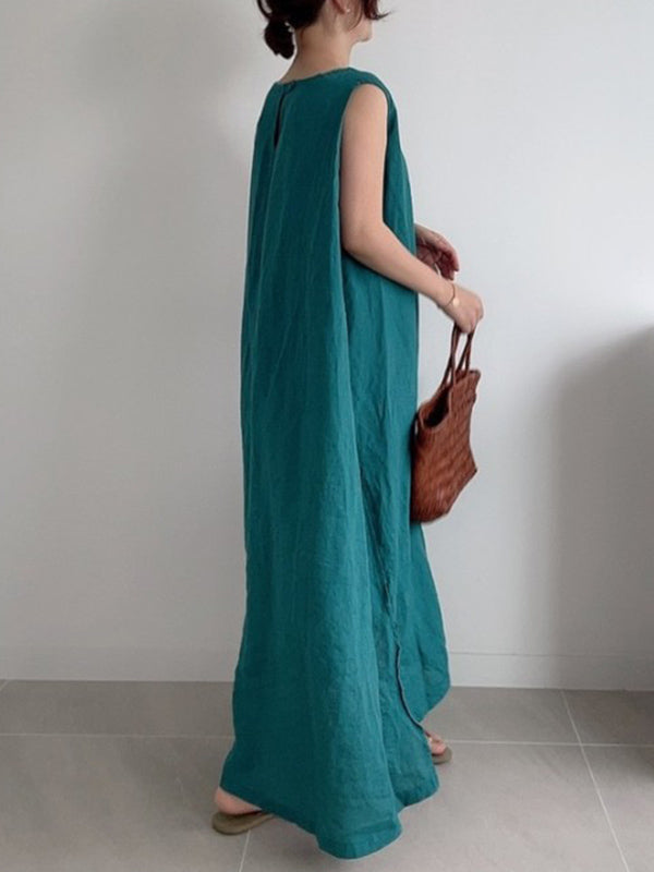 Simple Color Split-side Round-neck Sleeveless Midi Dress