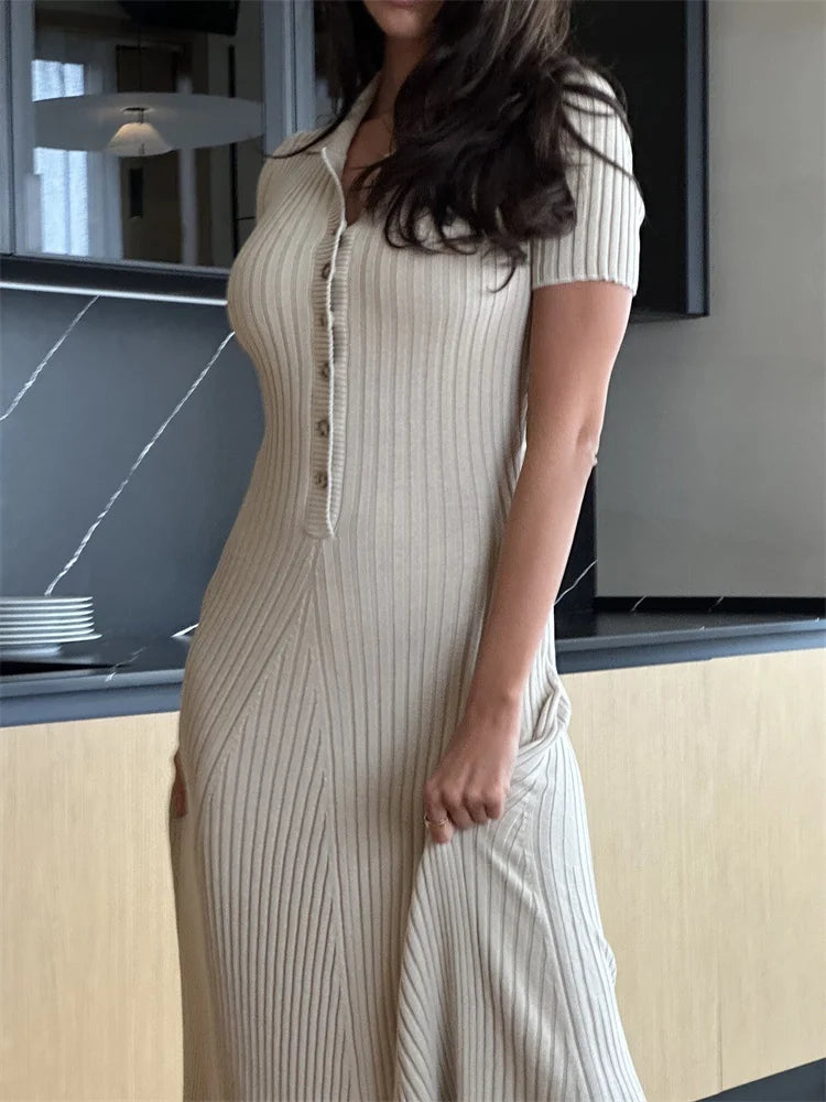 Ribbed High Waist Slim Maxi Dress for Knitwear Lapel Party Dress Gown Short Sleeve Knit Dress