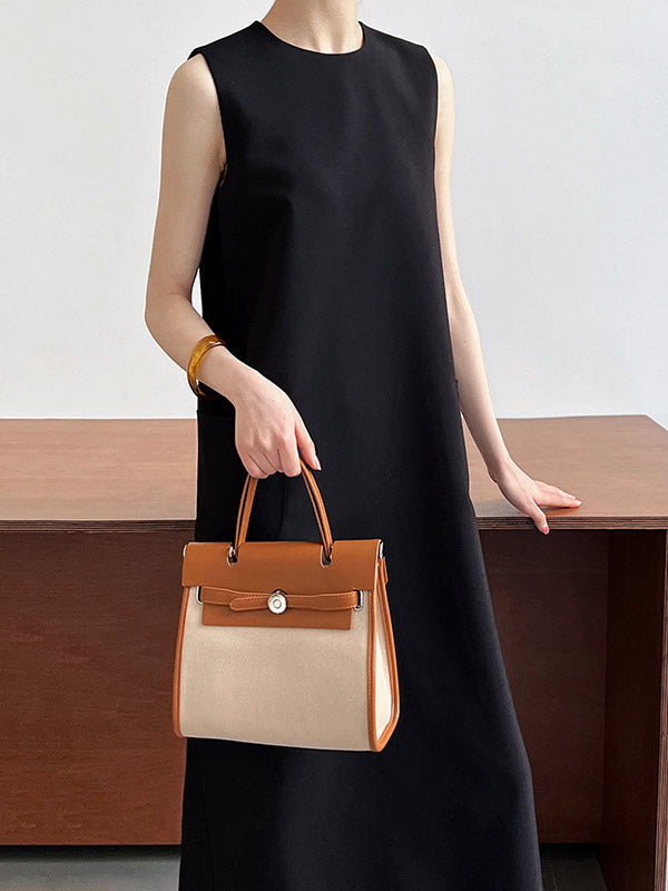 High Waisted Loose Pockets Color Split-back Zipper Round-neck Midi Dresses