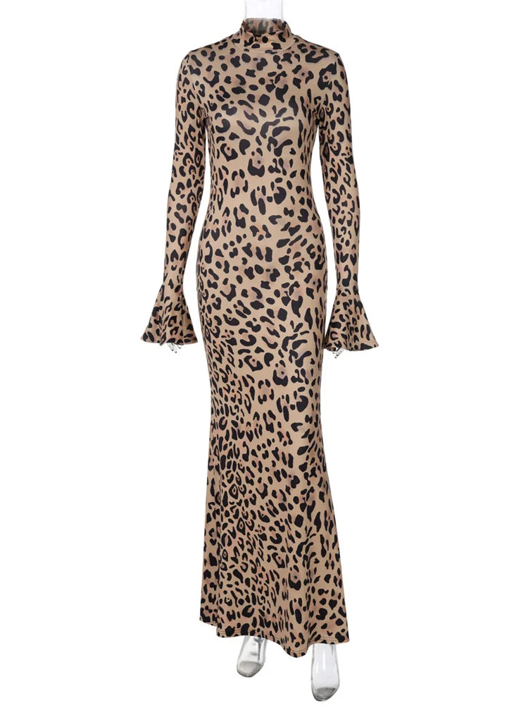 Leopard Printed Slim Long Dress Female Patchwork Contrast Long Sleeve Party Dress for Autumn Dress