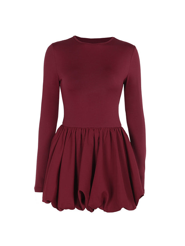 Long Sleeves Skinny Pleated Color Split-joint Round-neck Mini Dresses