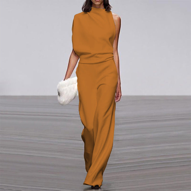 Pants Color One Shoulder Pile Collar Jumpsuit Popular Dress Trousers