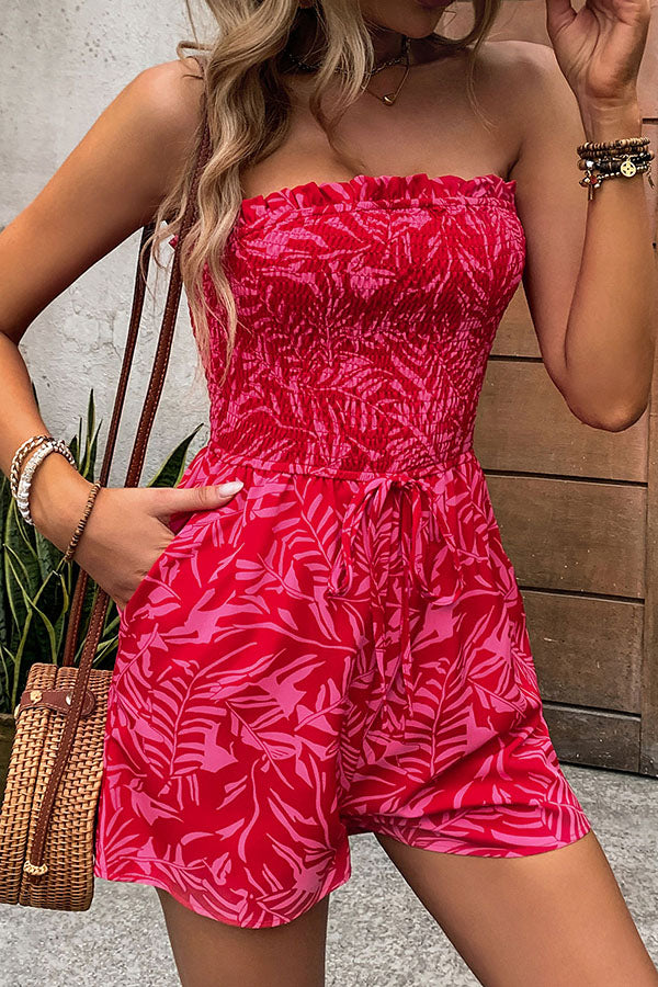 Plant Print Tube Top Lace-up Pleated Rompers