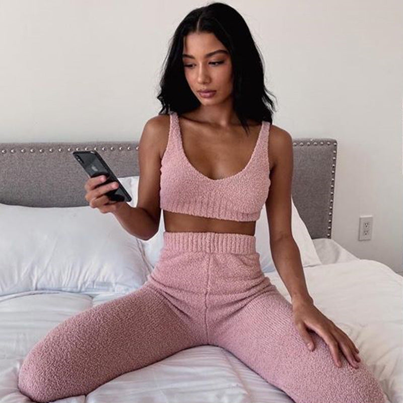 Plush Sweater V-neck Cropped Vest Pants Two-piece Suit for Fluffy