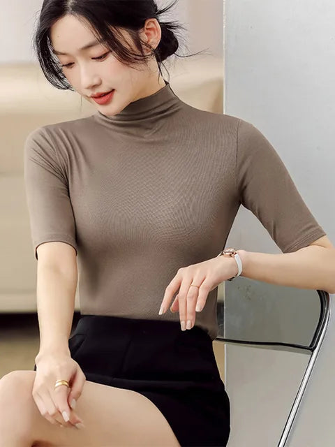 Half Turtleneck Milk Silk Tops Short Sleeve Slim T-shirt Color Basic Trend Bottoming Shirt High Street Blouse