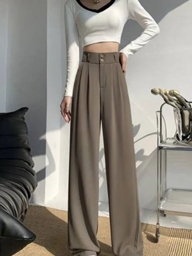 High Waist Wide Leg Pants for New Loose Straight Coffee Trousers Autumn Double Buttons Suit Pants Female