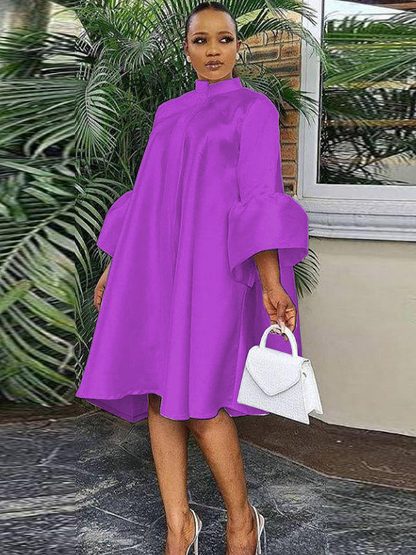 Urban Buttoned Color Stand Collar Flared Sleeve Loose Midi Dress
