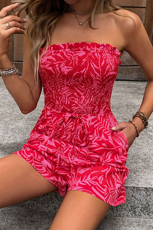 Plant Print Tube Top Lace-up Pleated Rompers