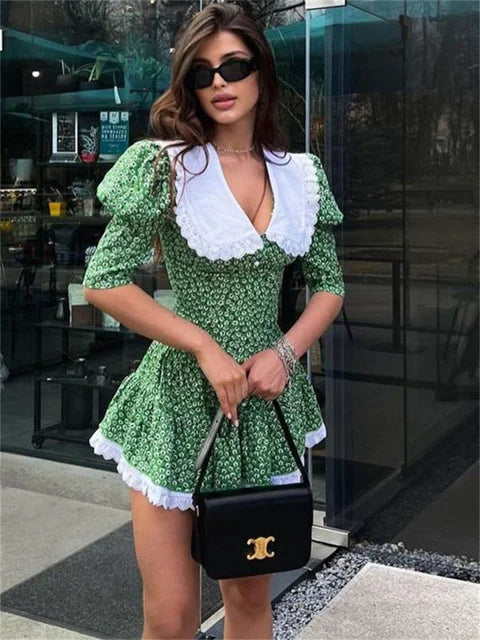 Summer Printed Patchwork Mini Dress Female V-neck Short Sleeve Slim Party Dress Gown for Dress