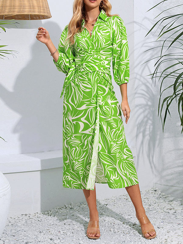 A-line High Waisted Elasticity Printed Tied Waist Lapel Midi Dresses Shirt Dress
