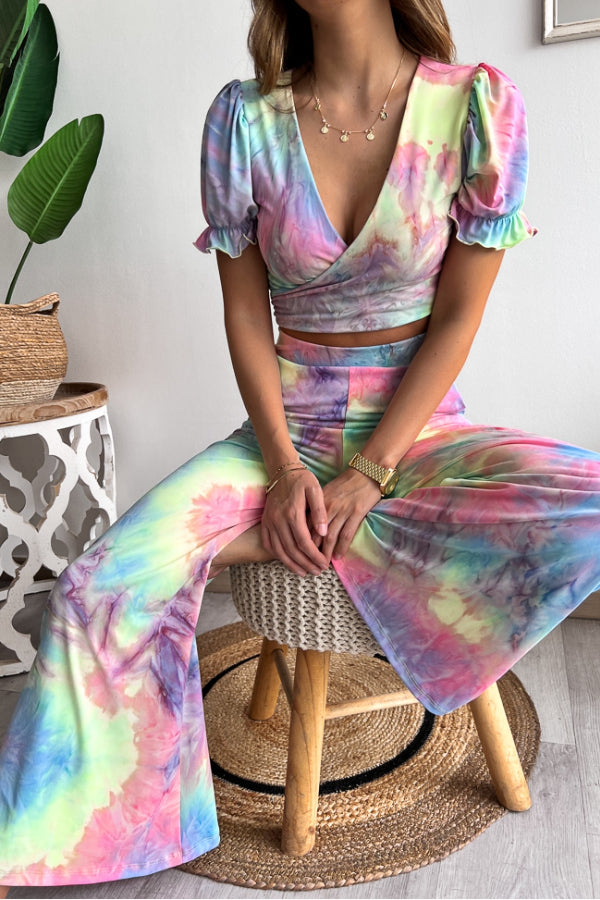 Print V Neck Short Sleeves Crop Top Elastic Waist Wide Leg Pants Set