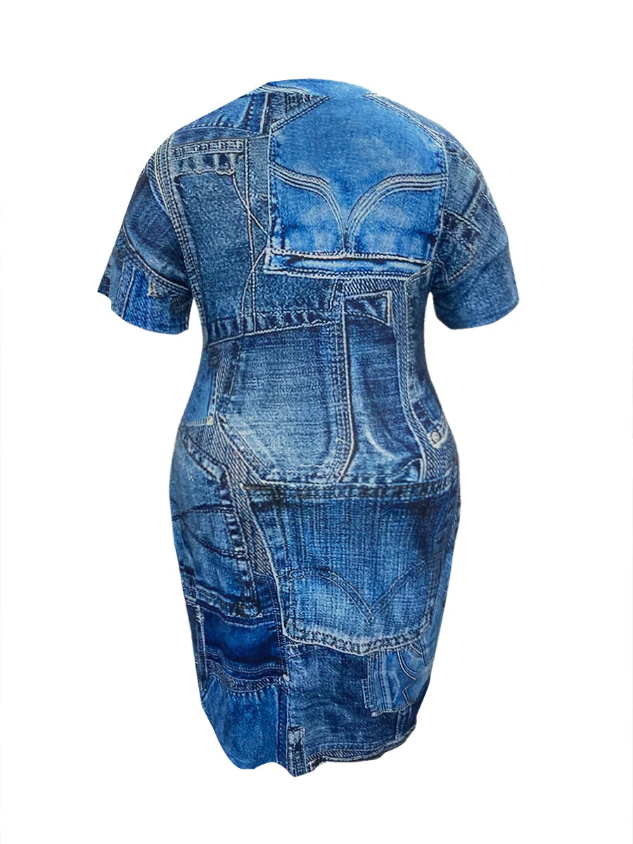 Imitation Denim V Neck Pocket Design Dress ’s T-shirt Summer Loose Dress Vestidos